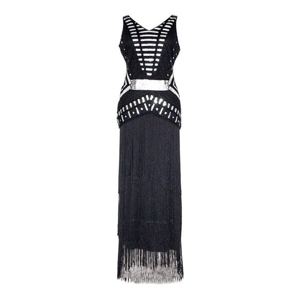 ✨🖤 Flapper Great Gatsby 1920s Retro Tassel Fringe Sequin Black Dress SIZE M NWT - Picture 3 of 17